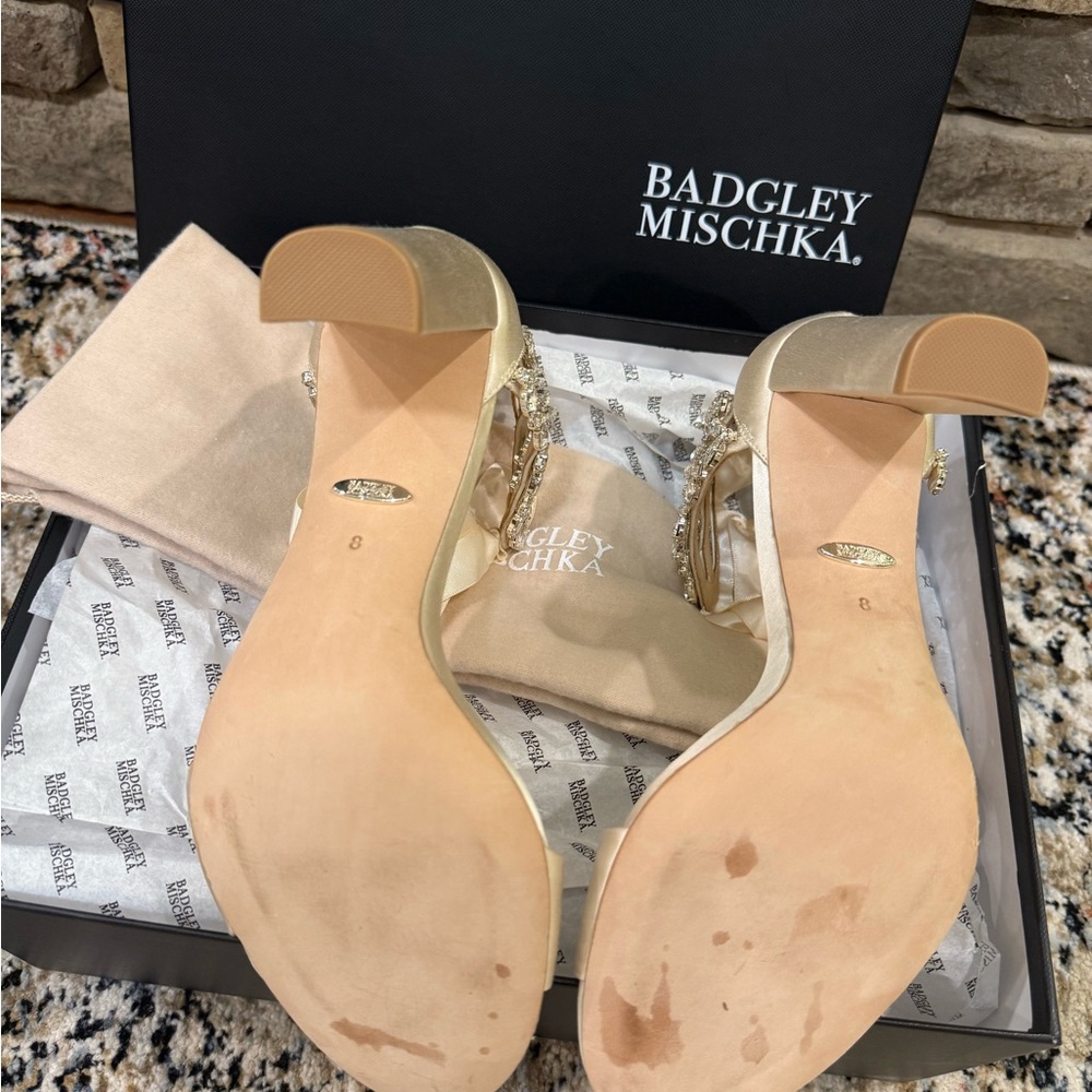 Badgley Mischka Satin Cream Heels with Embellishments - Picture 4 of 5